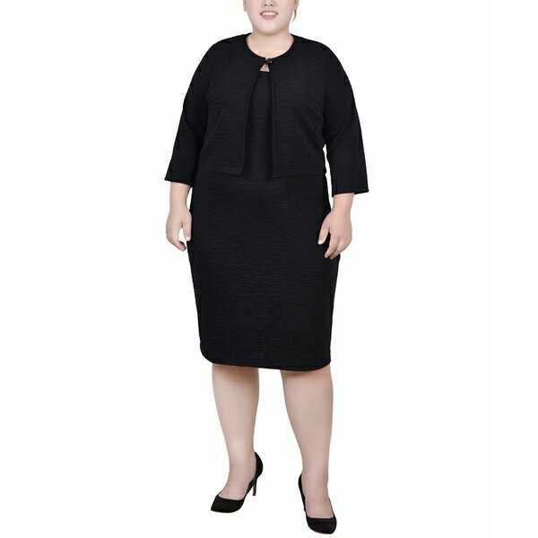 ニューヨークコレクション レディース ワンピース トップス Plus Size Textured 3/4 Sleeve Two Piece Dress Set Black Beauty