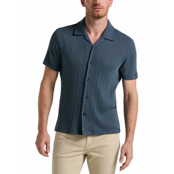 ペリーエリス メンズ シャツ トップス Men's Short Sleeve Striped Button-Front Camp Shirt Blue Mirage