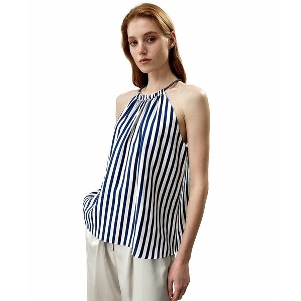 リリーシルク レディース カットソー トップス Silk Twill Halter Neck Top for Women Blue-white-pins..