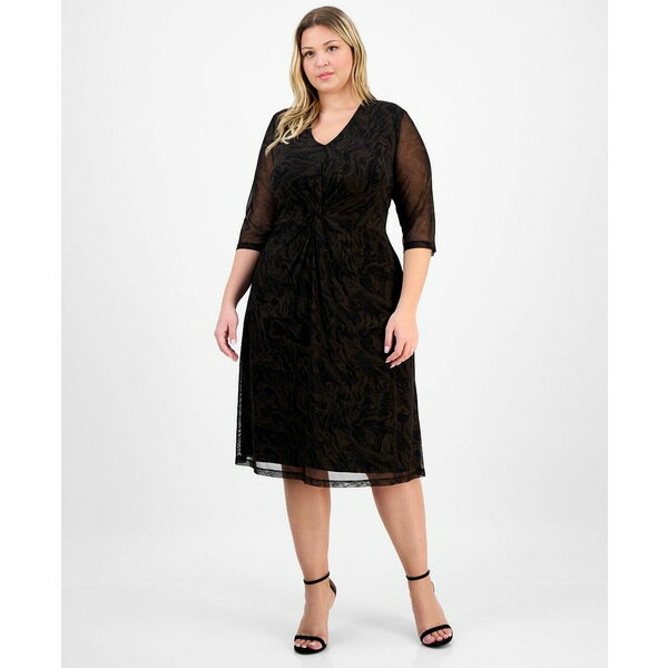 コネクテッド レディース ワンピース トップス Plus Size V-Neck Mesh Elbow-Sleeve Dress Bnz(4)