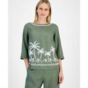 チャータークラブ レディース カットソー トップス Women's Palm-Applique 100% Linen Top, Exclusively at Macy's Cool Olive(4)
