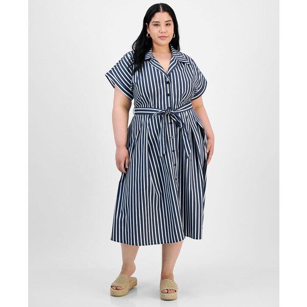 ロビービー レディース ワンピース トップス Plus Size Striped Tie-Waist Button-Down Cotton Midi Dress Navy