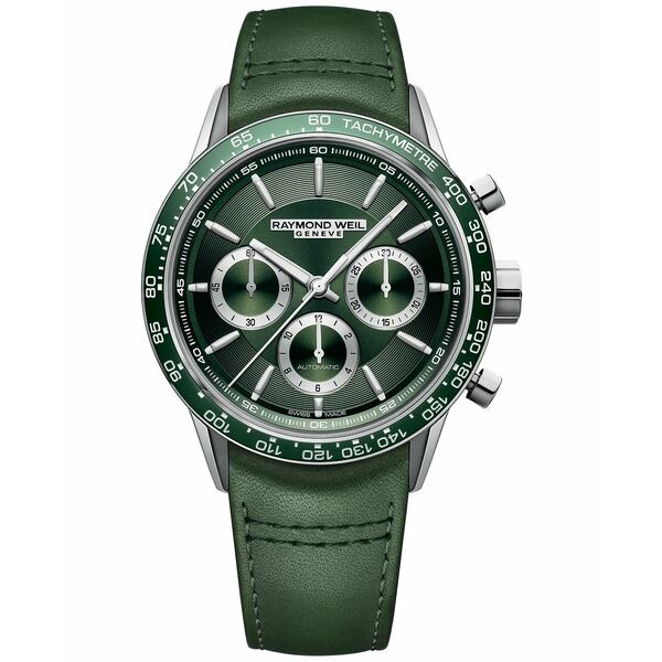 レイモンドウェイル レディース 腕時計 アクセサリー Men's Swiss Automatic Chronograph Freelancer Green Leather Strap Watch 43.5mm Green