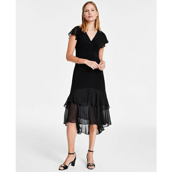 トミー ヒルフィガー レディース ワンピース トップス Women's V-Neck How-Low Hem Chiffon-Trim Dress Black