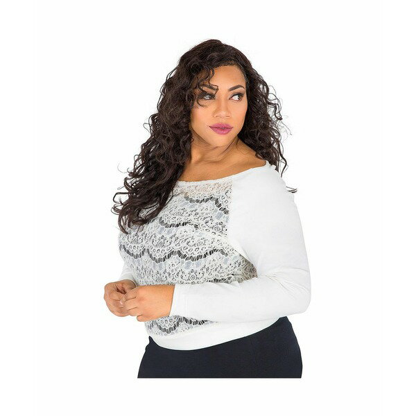 ポエティックジャスティス レディース カットソー トップス Women's Plus Size Curvy-Fit Lace Ponte Pullover Neck Tops Ivory