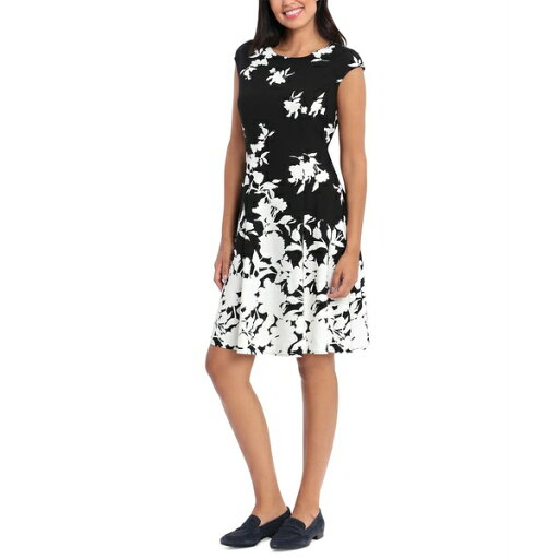 ロンドンタイムス レディース ワンピース トップス Women's Printed Cap-Sleeve Fit & Flare Dress Black/White ロンドンタイムス レディース ワンピース トップス Women's Printed Cap-Sleeve Fit & Flare Dress Black/White