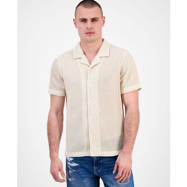 ゲス メンズ シャツ トップス Men's Larson Knitted Short Sleeve Button-Front Camp Shirt Beige Blan..