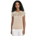 カルバンクライン レディース カットソー トップス Women's Cap Sleeve Satin Pleat-Neck Blouse Khaki(4)