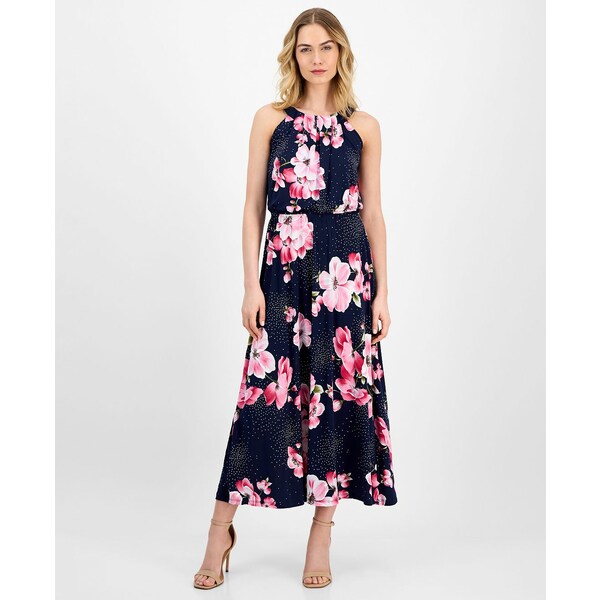 ロビービー レディース ワンピース トップス Petite Floral-Print Pleat-Neck Jersey Dress Navy Multi