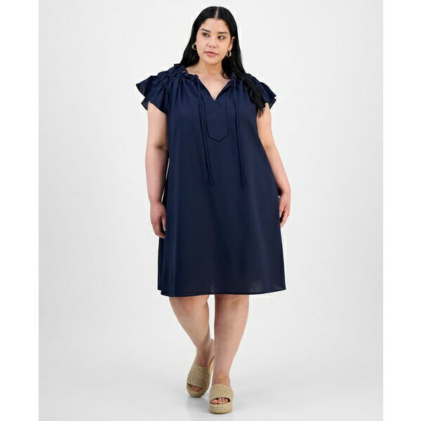 ロビービー レディース ワンピース トップス Plus Size Flutter-Sleeve Tie-Neck Shift Dress Navy