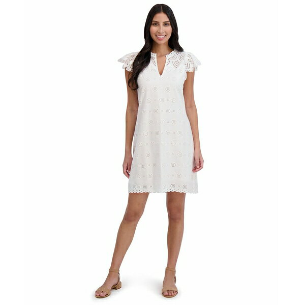 ロンドンタイムス レディース ワンピース トップス Petite Cotton Eyelet-Embroidered Mini Dress White