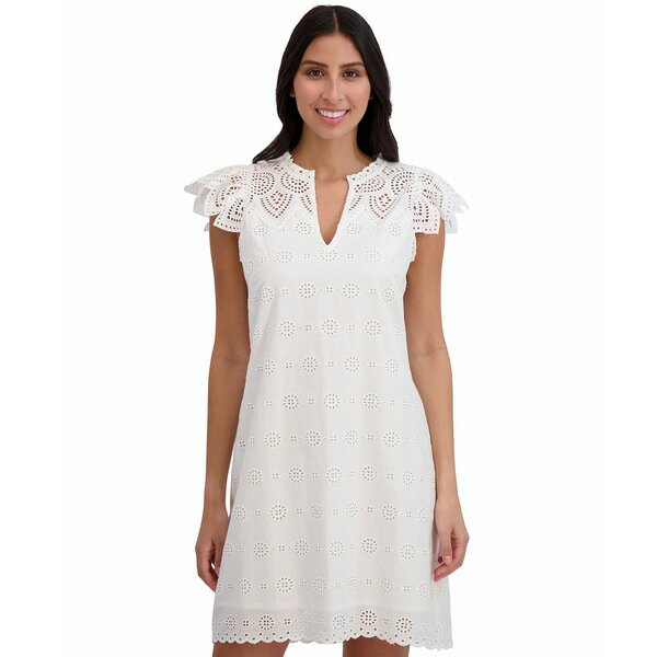 ロンドンタイムス レディース ワンピース トップス Petite Cotton Eyelet-Embroidered Mini Dress White