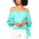 ヴィンスカムート レディース カットソー トップス Women's Linen-Blend Off The Shoulder Bubble Sleeve Tie Front Blouse Ocean Tide