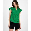 アンクライン レディース カットソー トップス Women's Cotton Flutter-Sleeve Eyelet Blouse Tropical Green(4)