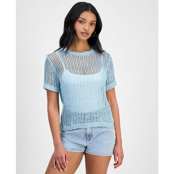 バースリー レディース ニット&セーター アウター Women's Short-Sleeve Metallic Crochet Sweater, Exclusively at Macy's Oasis Blue