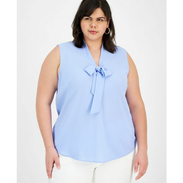 カスパー レディース カットソー トップス Plus Size Sleeveless Tie-Neck Blouse California Sky