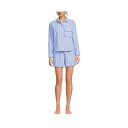 ランズエンド レディース カットソー トップス Women's Cotton Poplin 2 Piece Pajama Set - Long Sleeve Top and Shorts with Piping Brisk blue/rose pink stripe
