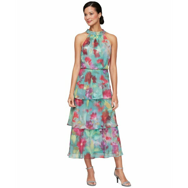 エス エル ファッションズ レディース ワンピース トップス Women's Floral Tiered Halter-Neck Tea Dress Pink Multi