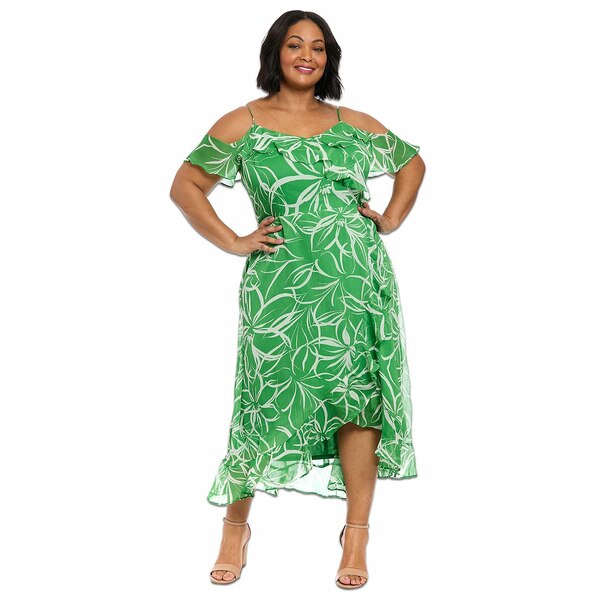 ɥ󥿥ॹ ǥ ԡ ȥåץ Plus Size Printed Cold-Shoulder Ruffle Dress...