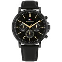 トミー ヒルフィガー メンズ 腕時計 アクセサリー Men's Multifunction Black Leather Watch 44mm Black