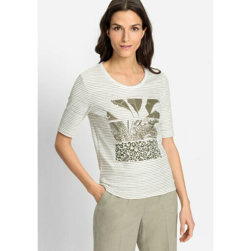 オルセン レディース カットソー トップス Women's 100% Cotton Stripe and Placement Print T-Shirt Light khaki オルセン レディース カットソー トップス Women's 100% Cotton Stripe and Placement Print T-Shirt Light khaki