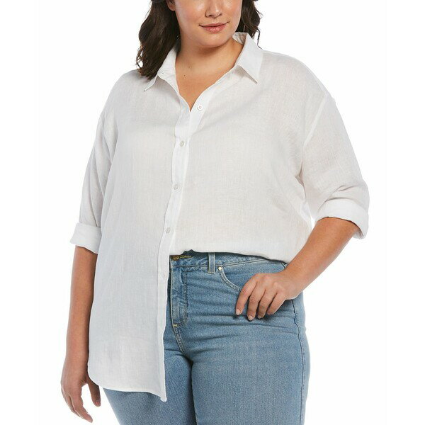 ラファエラ レディース カットソー トップス Plus Size Easy Linen Long Sleeve Button-Down Shirt White
