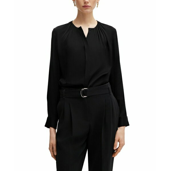 ヒューゴボス レディース カットソー トップス Women's Stretch-Silk Crepe De Chine Ruched-Neck Top Black