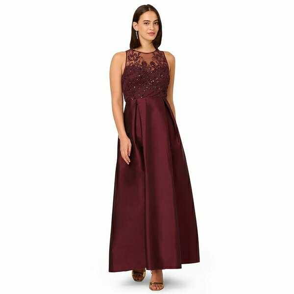 アドリアナ パペル レディース ワンピース トップス Women's Beaded Taffeta Ball Gown Plum wine
