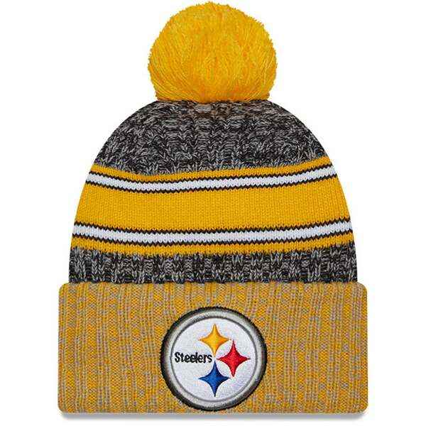 j[G Y Xq ANZT[ Pittsburgh Steelers New Era 2023 Sideline Sport Cuffed Pom Knit Hat Black/Gold