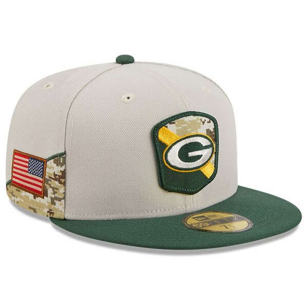 j[G Y Xq ANZT[ Green Bay Packers New Era 2023 Salute To Service 59FIFTY Fitted Hat Stone/Green