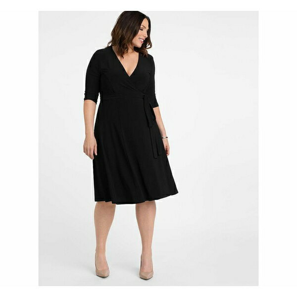 キヨナ レディース ワンピース トップス Plus Size Essential Wrap Dress with 3/4 Sleeves Black noir