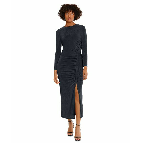 ドナモーガン レディース ワンピース トップス Women's Ruched Long-Sleeve Midi Dress Black Beauty