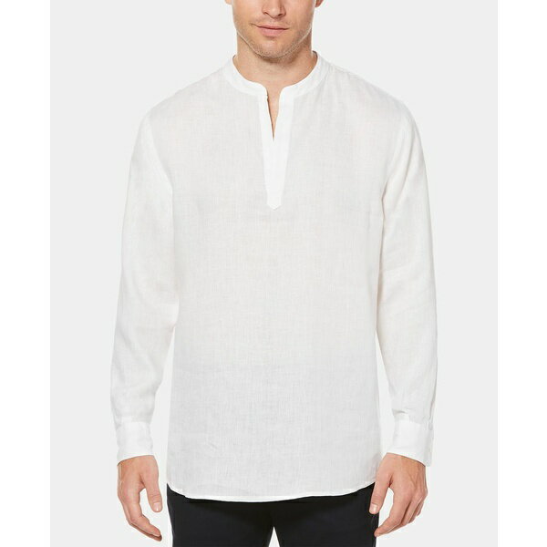 ペリーエリス メンズ シャツ トップス Men's Solid Linen Popover Long Sleeve Shirt Bright White