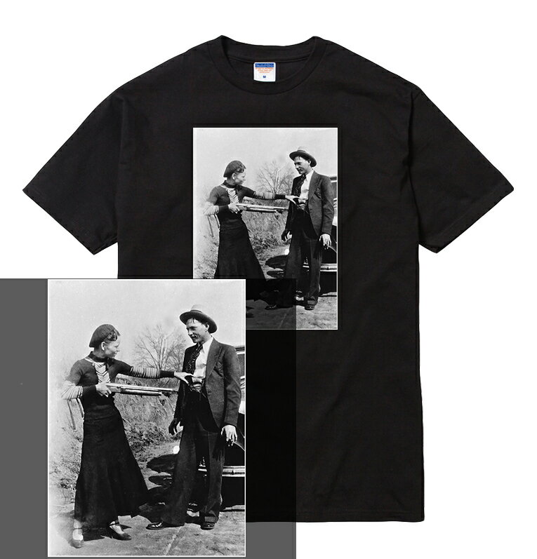 BONNIE AND CLYDE Tシャツ 半袖 ボニー クライド 犯罪者 マフイア MAFIA カルテル ギャング ボス アウトロー 不良 写真 フォト メンズ レディース ユニセックス 大きいサイズ ダンス 衣装 HIPHOP ストリート ブランド tee tシャツ