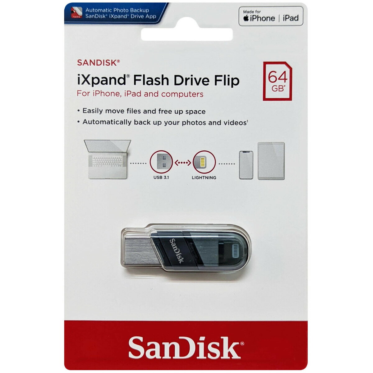 USBメモリ USB 64GB iXpand Flash Drive Flip SanDisk サンディスク iPhone iPad/PC用 Lightning + USB3.1-A キャップ式 海外リテール SDIX90N-064G-GN6NN ◆メ