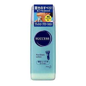 商品名サクセスプレシェーブローション100ml商品説明「サクセスプレシェーブローション100ml」は、ヒゲ剃り前に使用する、電気カミソリ用のシェービングローションです。お肌のすべりをよくし、剃り残しを少なくします。ヒゲ剃り後のお肌をサッパリすべすべに整えます。スムーズパウダー配合。100ml入り。使い方二層タイプ(球入り)ですので、よく振ってから、剃る部分にゆきわたる程度を手に取り、肌につけ、乾いてから剃ってください。使用後は、必ず蓋を閉めてください。使用上の注意湿疹、皮フ炎(かぶれ、ただれ)等の皮フ障害のある時には、悪化させるおそれがあるので使わないでください。刺激等の異常が出たら使用を中止し、皮フ科医へ相談してください。目に入らないよう注意し、目に入った時は、すぐに充分洗い流してください。子供の手の届く所に置かないでください。成分エタノール、水、ナイロン、ジメチコン、ジカプリン酸ネオペンチルグリコール、イソステアリルグリセリル、イソステアロイル乳酸Na、PG、グリチルレチン酸、メントール、オキシベンゾン-2、香料、青1発売元花王株式会社フリーダイヤル：0120-165-692広告文責有限会社オリオンドラッグ薬局*お客様窓口*[楽天*オリオンドラッグ薬局*］電話:0744-26-6771/fax:0744-27-7068mail:asuka-ph@shop.rakuten.co.jp（時間/9時〜17時土・日祝除く)■商品の送付先について■ 転送業者・代行業者・倉庫・ホテル・旅館　等への発送はしておりません。 万が一、ご注文いただいた場合はキャンセルさせていただきますのでご了承ください。 ■医薬品のご購入について■ 1度にお買い上げいただける個数に制限があります。 ■商品について■ ※パッケージデザイン等は予告なく変更される場合がございます。 ※商品廃番・メーカー欠品など諸事情によりお届けできない場合がございます。 ■配送について■ 1配送先につき1個口の商品を梱包した状態で厚さが3cm未満の場合はゆうメール発送となります。 1配送先につき1個口の商品を梱包した状態で厚さが3cm以上の場合はレターパックプラス 佐川急便またはヤマト運輸での発送となります。 その場合送料390円がかかります。 ご注文時にゆうメールを選択されていても厚さが3cm以上の場合は「宅配便」発送となります のでご了承ください。 ご不明な点がございましたらご注文の前にお問い合わせください。