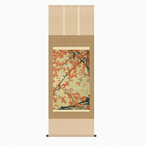 商品の詳細 作家名 伊藤若冲 作品名 紅葉小禽図（尺五立） 技法 版画+手彩色 外径サイズ 153×55 cm 作品サイズ − 補足説明 表装済　尺五立 状態 新品 付属品 高級桐箱 エディション 【作品解説・掛軸】鮮やかな紅葉に遊ぶ小食。際立つ美と鮮烈な印象。画面全体に広がる鮮やかな紅葉。枝に羽を休める二羽の小禽は、夏に飛来し、秋の終わりに南へと渡っていくオオルリ。構図、描写、色づかいのすべてに若沖の美意識が感じられます。【作者略歴】◆伊藤若冲(いとう・じゃくちゅう)1716年　京都錦小路の青物問屋「桝屋」の長男として生まれる。1738年　父・宗清没。23歳で「桝屋」の当主となり、四代目伊藤源左衛門を名乗る。1752年　梅荘顕常（大典）と知り合う。この頃から若冲居士と号する。1755年　40歳で隠居。以後、画業に専念する。1758年　「動植綵絵」制作に着手。1759年　鹿苑寺大書院障壁画に着賛。1765年　「釈迦三尊像」三幅と「動植綵絵」二十四幅を相国寺に寄進。1776年　石峰寺「五百羅漢石像」の制作に着手。1790年　大阪・西福寺「仙人掌群鶏図」制作。1800年　9月8日、あるいは10日没。85歳。【掛け軸寸法・体裁】■寸法　縦153cm×横55cm　（尺五立）■表装　表装済・風帯付■本紙　絹本■軸先　陶器■箱　　高級桐箱収納 ※ 本商品は、店舗等でも販売している為、　　ご注文のタイミングによっては完売となる場合が御座います　　ので、その場合は、ご容赦下さい。 ■伊藤若冲の一覧 ※商品画像は、出来る限り商品の色合いに近付けて再現する様、心掛けておりますが、ご使用のモニタによっては実際の色合いと異なって見える場合が御座います。予め、ご了承下さい。 掛軸：掛け軸：_花鳥_鳥_季節秋