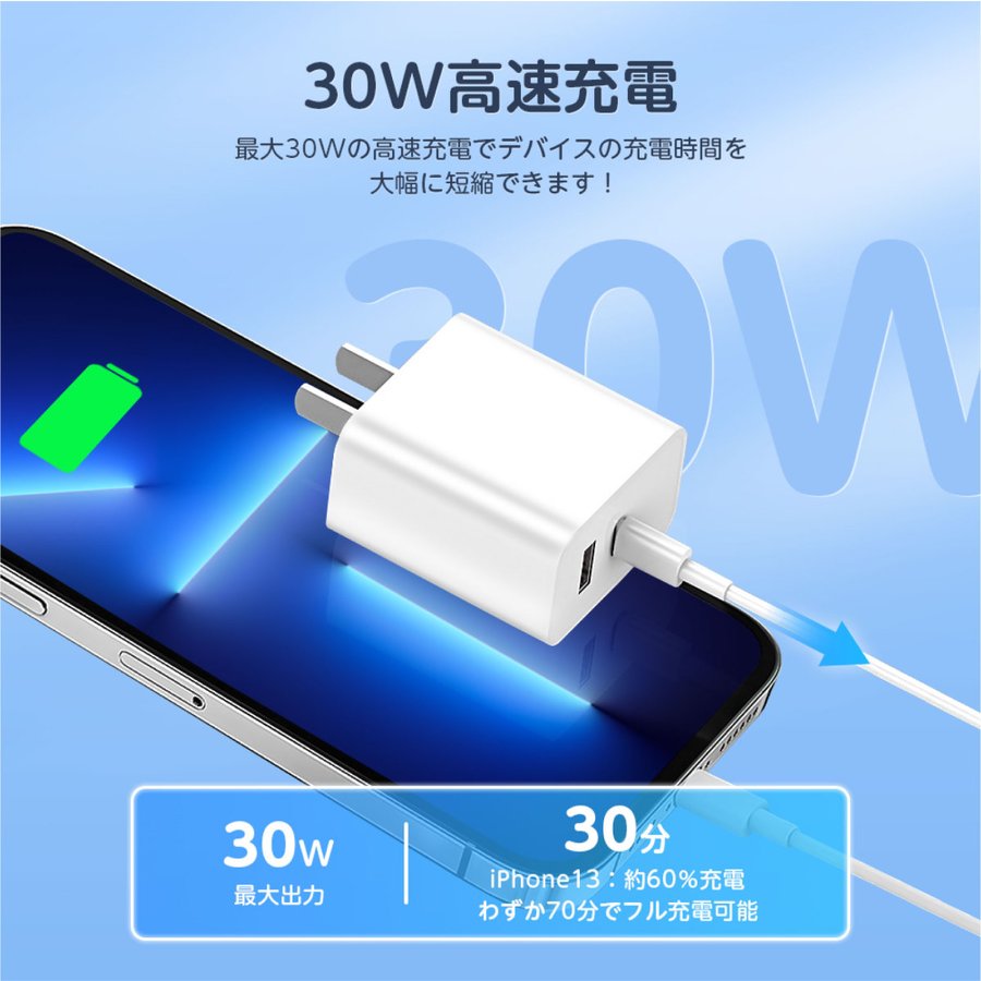 30W PD対応 急速充電器 充電アダプター 高速充電 急速充電 Power Delivery対応 PD対応 Quick Charge 3.0 2台同時充電 スマホ充電器 携帯充電器 iPhone13 iPhone12 iPhone11 iPad Galaxy Xperia AQUOS ARROWS 送料無料 feb-393j