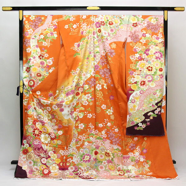 乐天商城 - 着物 豪華振袖 正統派 綸子 金彩加工 金駒刺繍 花に折鶴 未仕立て あすかや [商品番号fs470]