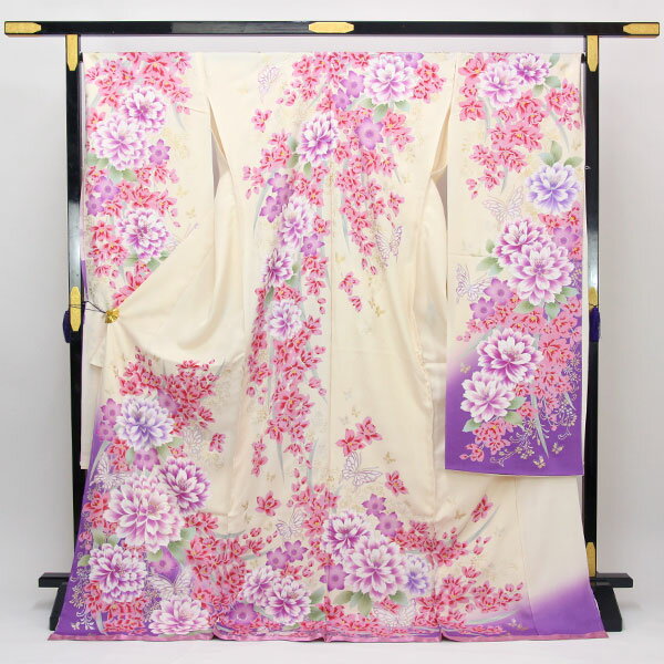 丹後ちりめん 日本の絹 使用 紋綸子 ラメ刺繍金彩加工 振袖「花」[商品番号fs486]【あすかや】
