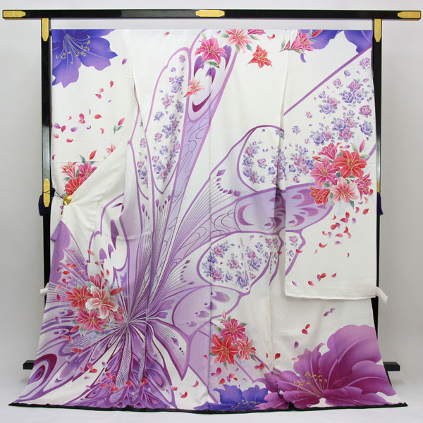 京友禅 銀通し紋織地 金駒刺繍 振袖「蝶に百合」[商品番号fs490]【あすかや】