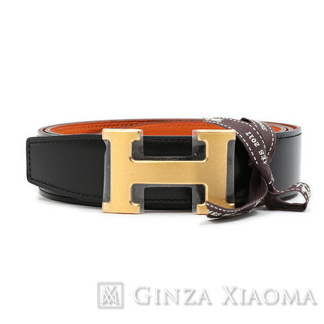 《新品》 HERMES エルメス コンスタンス Hベルト リバーシブル ブラック×オレンジ ボックスカーフ×トゴ ゴールド金具 【新品】 黒 メンズ 男性用