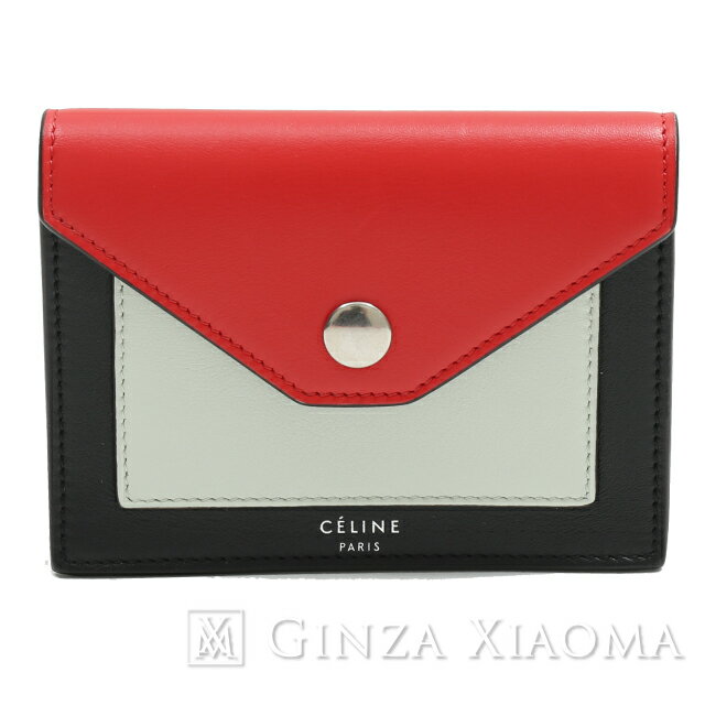 【中古】 CELINE セリーヌ ポケット カードケース カーフレザー ブラック/レッド/グレー トリコロール 名刺入れ mns 値下げ