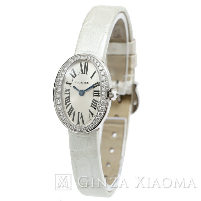 【中古】 Cartier カルティエ WB520027 ミニベニュワール ベゼルダイヤ WG/レザー QZ レディースウォッチ 腕時計 パールホワイト