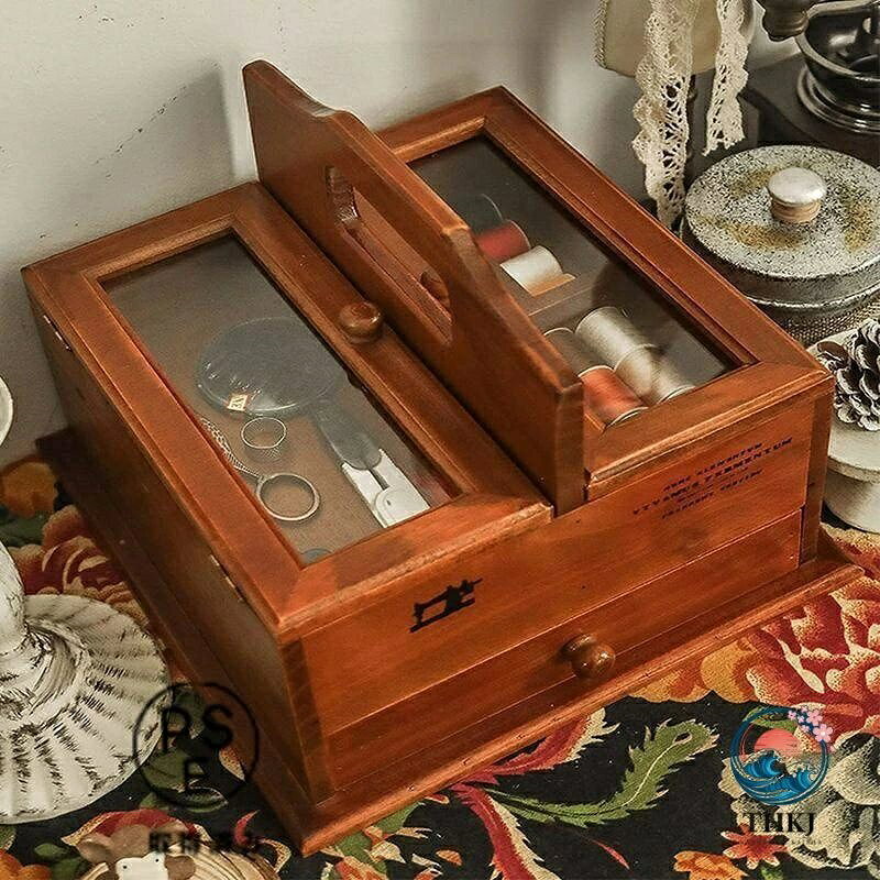 【全品2点で5%OFF】裁縫箱 ソーイングキット、レトロな木製ソーイングバスケット、...