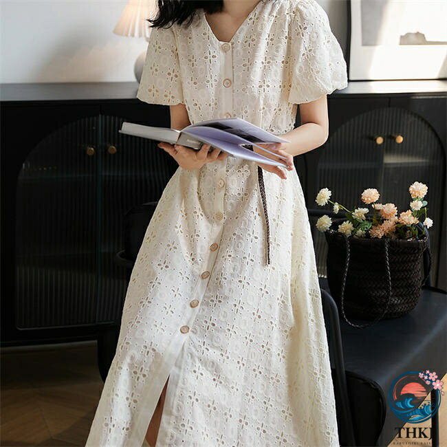 ワンピース 夏服 レディース 長袖 無地 通勤ワンピース A ライン 結婚式ワンピース 春夏ワンピース 仕事用ワンピース 上品 入学式 卒業式 入園式 卒園式 母の日プレゼント ひざ丈 お呼ばれ パーティー 綿 花柄 V ネック ポケット付き 優雅 透かし彫り 着痩せ asumiru-10029975 アスミル楽天市場店 サンプル画像3
