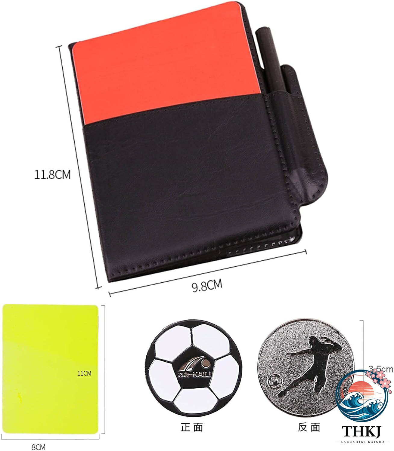 アスミル楽天市場店のサッカーレフェリーセット 審判カード 赤と黄色のカード レコード紙 5 枚 鉛筆 1 本 トスコイン付き コーチホイッスル付き 警告カード レフリー小物 審判 小冊子 レコードカード 鉛筆 審判用品 フットサル 審判 用具｜アングル2