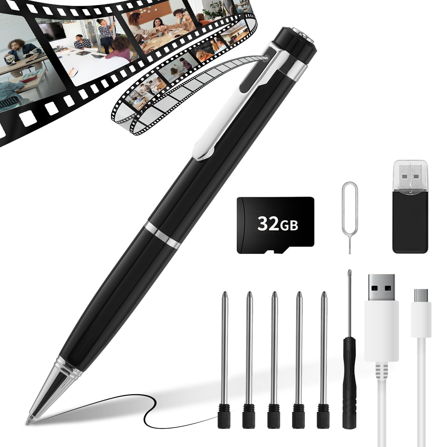 隠しカメラ ペン型カメラ ボールペン型 ビデオカメラ 防犯カメラ 長時間録画録音 静止画撮影 上書き録画機能搭載 61°広角 128GBメモリー対応 録画時ランプ非点灯 フル充電で90分連続使用 多機能録画ペン 防犯用 会議録音 会議記録 商談メモ 証拠保存 簡単操作 人間工学のサムネイル