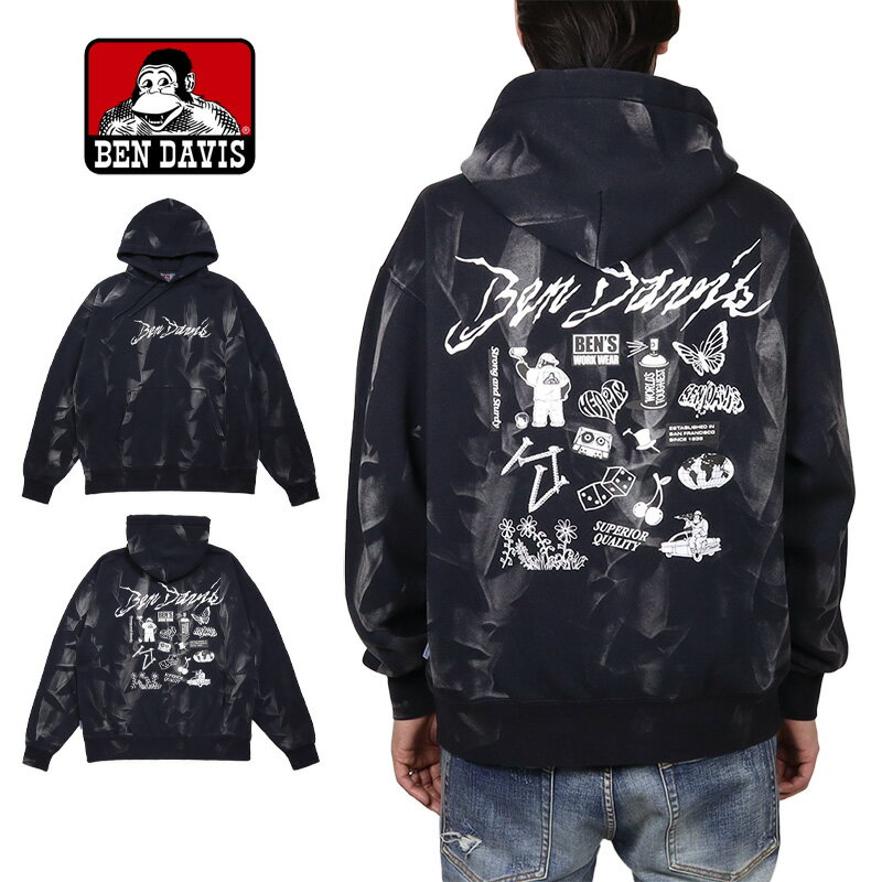 【MAX80%OFF 冬物最終処分SALE！最大10％OFFクーポン配布中】ベンデイビス パーカー BEN DAVIS プルオーバーパーカー フーディ トップス メンズ レディース ブランド プリント 大きいサイズ おしゃれ おすすめ 人気 黒 裏起毛 bendavis063 ブラック M L XL