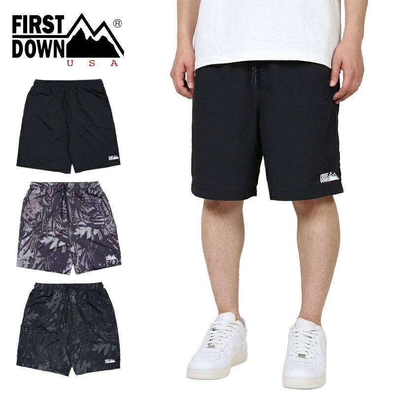 Rakuten - 【MAX90%OFF 楽天スーパーSALE！最大20%OFFクーポン配布中】ファーストダウン ショートパンツ FIRST DOWN ショーツ ハーフパンツ ストレッチ メンズ ブランド 大きいサイズ おしゃれ おすすめ 人気 黒 総柄 firstdown043 ブラック リーフ M L XL
